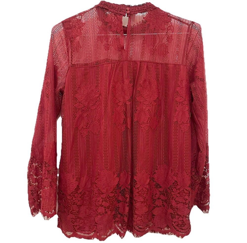 Ultra Pink Red Lace Blouse High Neck Sheer Boho Romantic Top Large Feminine